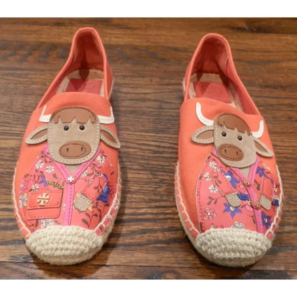 Tory Burch Chinese New Year Ox Espadrilles Orange Shoes Slippers Flats Size 6.5M